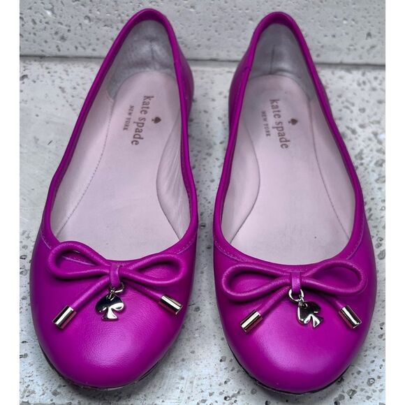 kate spade Shoes - Kate Spade Pink Leather Ballet Flats Willia Bow Gold Spade Charm Shoes Sz 5.5